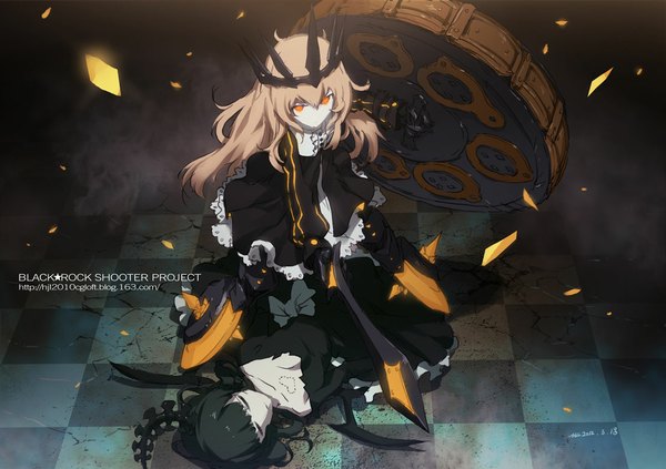 Anime picture 1111x785 with black rock shooter dead master chariot (black rock shooter) hjl long hair short hair blonde hair multiple girls green eyes green hair text wavy hair checkered floor checkered broken girl dress weapon 2 girls crown