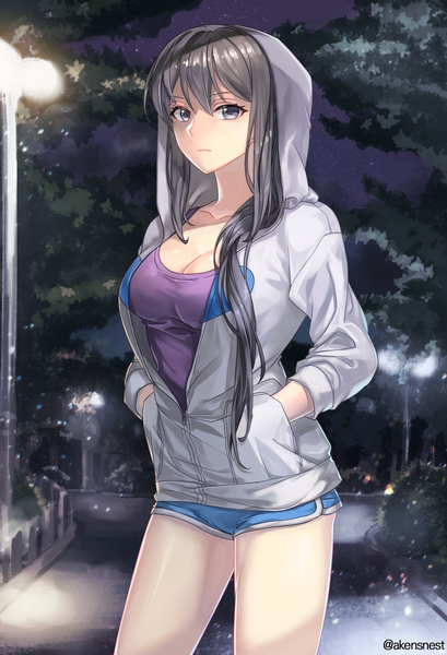 Anime picture 1500x2200 with original aken single long hair tall image looking at viewer blush fringe breasts black hair hair between eyes large breasts standing signed cleavage outdoors long sleeves inscription night grey eyes