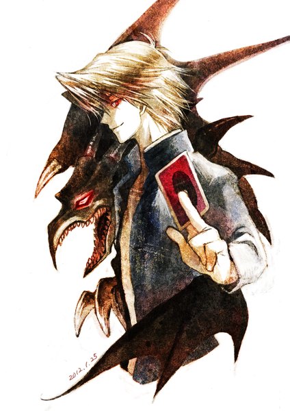 Anime picture 1231x1743 with yu-gi-oh! yu-gi-oh! duel monsters jounouchi katsuya red eyes black dragon sugi (artist) single tall image looking at viewer short hair simple background blonde hair smile red eyes white background profile dragon card (cards)