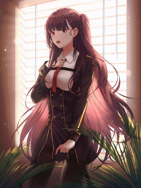 Anime picture 900x1200 with girls frontline wa2000 (girls frontline) helawid single long hair tall image looking at viewer fringe breasts open mouth red eyes brown hair standing indoors blunt bangs braid (braids) one side up hand on chest backlighting adjusting necktie