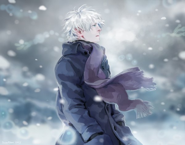 Anime picture 1500x1181 with mushishi ginko jane mere single short hair green eyes looking away cloud (clouds) white hair wind snowing winter hands in pockets boy jacket scarf winter clothes