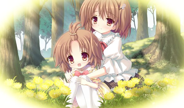 Anime picture 1024x600 with tsukumonotsuki short hair open mouth red eyes brown hair wide image multiple girls yellow eyes game cg loli girl dress 2 girls child (children)