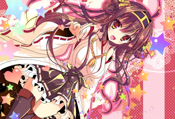 Anime picture 1200x823 with kantai collection kongou battleship shiwasu horio single long hair brown hair ahoge traditional clothes multicolored eyes pointing nontraditional miko girl hair ornament heart star (symbol)