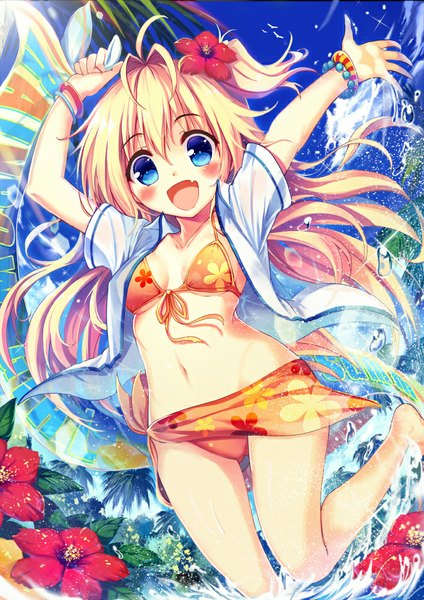 Anime picture 706x1000 with original moe2014 akabane (zebrasmise) single long hair tall image looking at viewer blush open mouth blue eyes light erotic blonde hair sky cloud (clouds) hair flower girl navel hair ornament flower (flowers) swimsuit