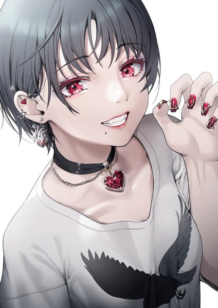 Anime picture 2315x3274 with original takumoyuha single tall image looking at viewer fringe highres short hair simple background smile red eyes white background upper body blunt bangs nail polish fingernails grey hair mole short sleeves grin