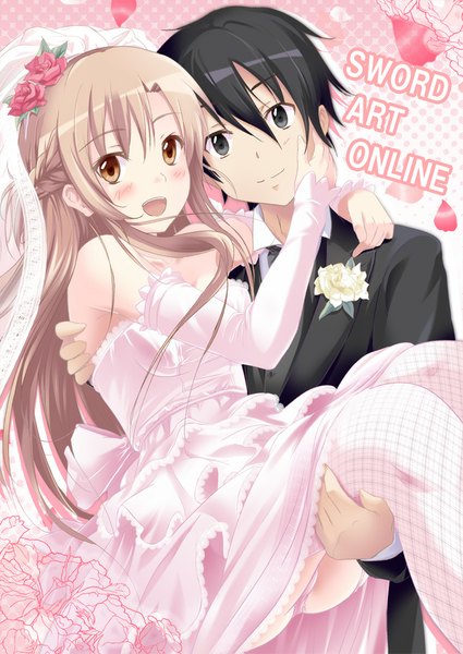 Anime picture 645x910 with sword art online a-1 pictures yuuki asuna kirigaya kazuto nisson long hair tall image blush short hair open mouth light erotic black hair smile brown hair bare shoulders holding brown eyes :d hair flower black eyes