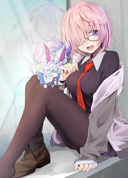 Anime picture 2110x2913 with fate (series) fate/grand order mash kyrielight fou (fate) kazenoko single tall image looking at viewer fringe highres short hair open mouth sitting purple eyes pink hair hair over one eye off shoulder reflection girl pantyhose
