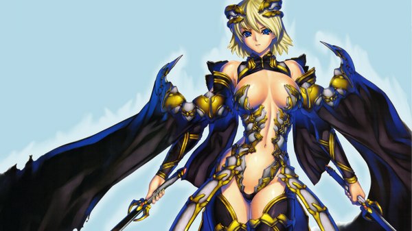 Anime picture 1366x768 with tagme (artist) single looking at viewer short hair breasts blue eyes light erotic simple background blonde hair wide image bare shoulders girl navel hair ornament weapon detached sleeves sword wings armor