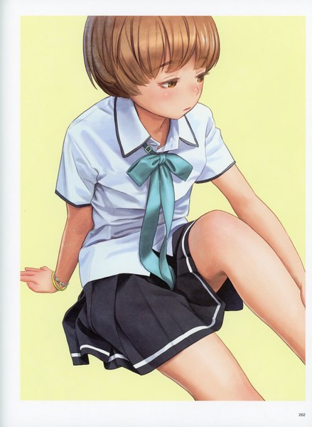 Anime picture 5092x6966 with futurelog (artbook) range murata single tall image fringe highres short hair simple background brown hair sitting brown eyes looking away absurdres pleated skirt scan short sleeves border open collar expressionless yellow background