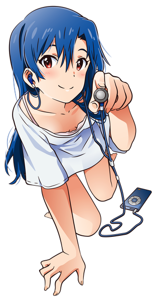 Anime picture 1800x3450 with idolmaster kisaragi chihaya akizuki ritchan single long hair tall image looking at viewer blush fringe highres light erotic smile hair between eyes red eyes blue hair full body barefoot transparent background on all fours vector