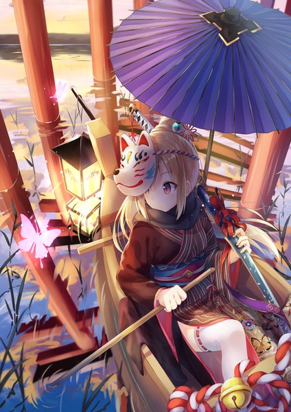 Anime picture 2143x3035 with original nonono (nononotea) single long hair tall image blush fringe highres blonde hair hair between eyes sitting holding payot looking away sky cloud (clouds) bent knee (knees) ponytail traditional clothes japanese clothes