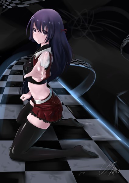 Anime picture 2480x3507 with original evan yang long hair tall image highres purple eyes signed purple hair no shoes outstretched arm outstretched hand checkered girl thighhighs black thighhighs miniskirt