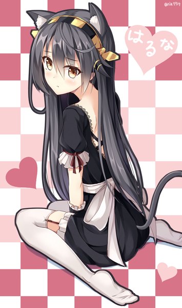 Anime picture 641x1084 with kantai collection haruna battleship rin yuu single long hair tall image looking at viewer blush fringe black hair sitting brown eyes animal ears tail animal tail cat ears inscription maid cat tail alternate costume