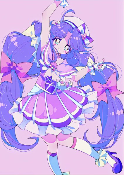Anime picture 2888x4084 with precure tropical-rouge! precure toei animation suzumura sango cure coral pochi (askas is god) single tall image looking at viewer highres blue eyes simple background standing purple hair full body head tilt high heels standing on one leg pink background magical girl
