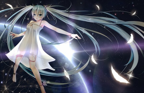 Anime picture 1500x968 with vocaloid hatsune miku soulkiller (brz) single blush open mouth twintails very long hair aqua eyes aqua hair space girl dress feather (feathers) sundress