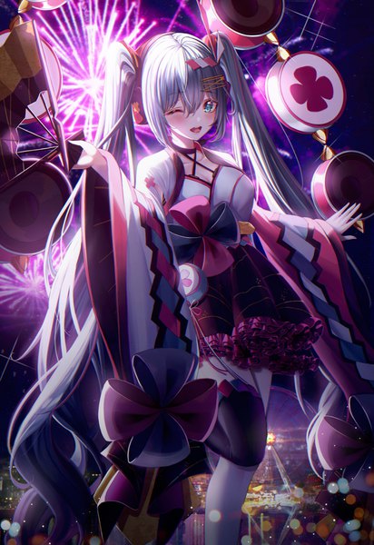 Anime picture 2500x3640 with vocaloid magical mirai (vocaloid) hatsune miku magical mirai miku magical mirai miku (2020 summer) eumi 114 single tall image looking at viewer blush fringe highres open mouth hair between eyes standing holding silver hair very long hair one eye closed aqua eyes