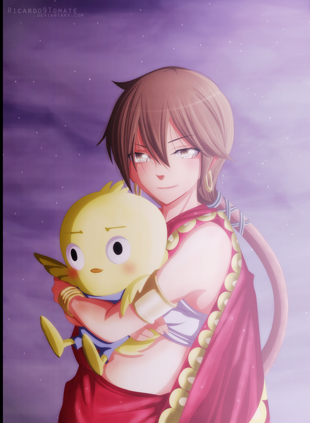 Anime picture 1385x1889 with fairy tail eclair (fairy tail) momon ric9duran long hair tall image blush smile brown hair brown eyes cloud (clouds) night sky hug coloring girl earrings animal bracelet bird (birds) star (stars)