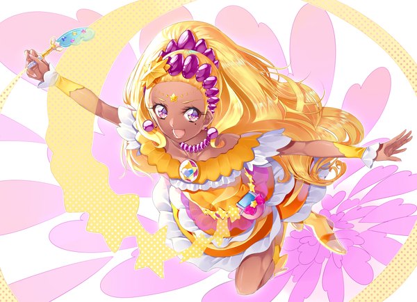 Anime picture 2763x2000 with precure star twinkle precure toei animation amamiya elena cure soleil yuutarou (fukiiincho) single long hair highres open mouth blonde hair purple eyes ponytail :d mole mole under eye dark skin spread arms magical girl girl