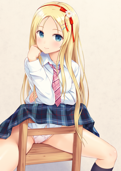 Anime picture 2894x4093 with original n.g. single long hair tall image looking at viewer blush fringe highres breasts blue eyes light erotic simple background blonde hair sitting light smile spread legs plaid skirt skirt lift yellow background