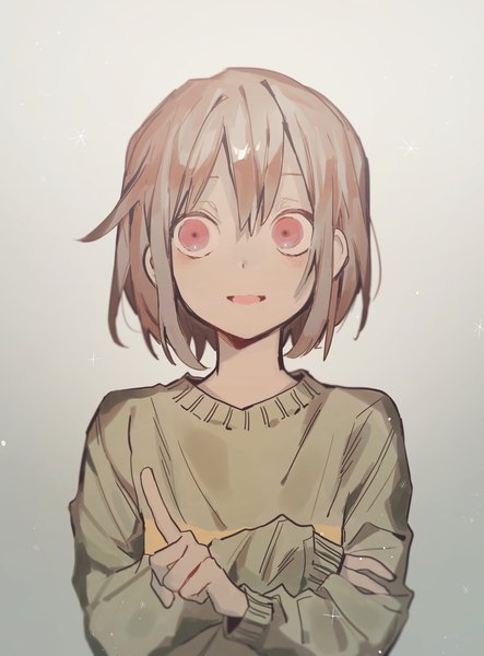 Anime picture 1511x2048 with undertale chara (undertale) apple mii46 single tall image fringe short hair open mouth simple background hair between eyes red eyes brown hair looking away long sleeves gradient background pointing androgynous sweater