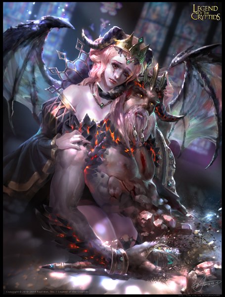 Anime picture 1620x2133 with legend of the cryptids yu-han long hair tall image red eyes yellow eyes pink hair indoors horn (horns) lips grey hair night demon girl crying demon wings sad shirtless girl boy wings