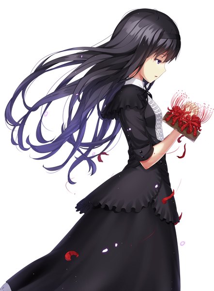 Anime picture 1000x1356 with mahou shoujo madoka magica shaft (studio) akemi homura homulilly seirei911 single long hair tall image fringe black hair simple background standing white background purple eyes parted lips profile floating hair girl dress flower (flowers)