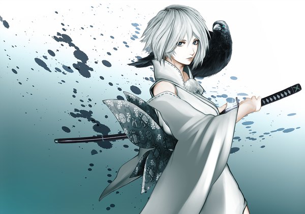 Anime picture 1147x807 with original niiyaso single looking at viewer short hair blue eyes simple background blonde hair standing sitting holding white hair long sleeves traditional clothes japanese clothes pale skin sitting on person girl bow weapon