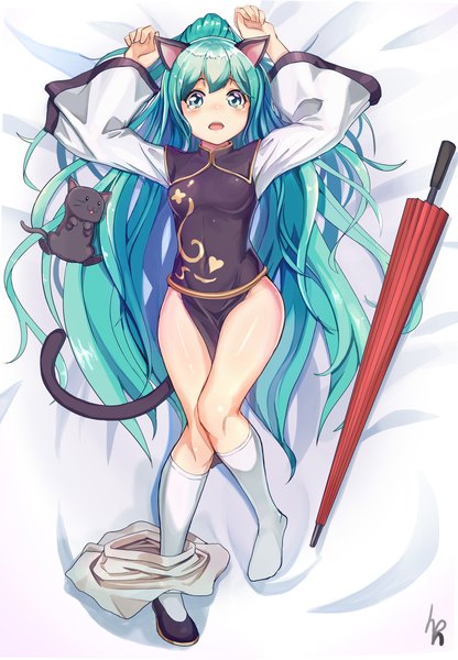Anime picture 2968x4277 with dungeon and fighter mage (dungeon and fighter) dampi single tall image looking at viewer highres breasts open mouth blue eyes light erotic signed animal ears full body ponytail tail lying long sleeves very long hair traditional clothes