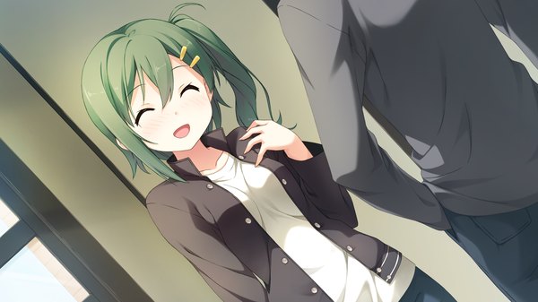 Anime picture 1920x1080 with your diary enomoto kaho kantoku long hair blush highres open mouth wide image game cg eyes closed green hair couple one side up girl boy