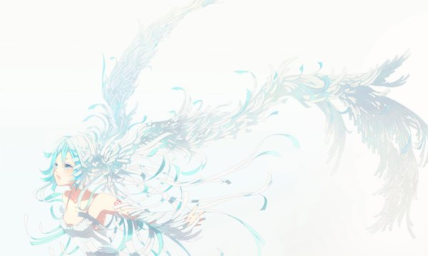 Anime picture 2400x1437 with vocaloid hatsune miku ixima single long hair highres open mouth wide image white background bare shoulders aqua eyes aqua hair girl wings bandage (bandages) sundress paper