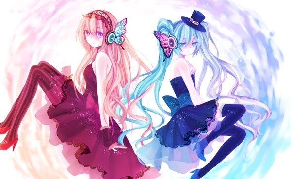 Anime picture 1300x800 with vocaloid magnet (vocaloid) hatsune miku megurine luka long hair wide image bare shoulders multiple girls pink hair aqua eyes aqua hair high heels formal girl dress bow 2 girls hat pantyhose shoes