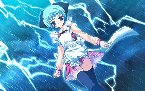Anime picture 1024x640 with prism magical (game) short hair blue eyes wide image blue hair game cg rain girl thighhighs black thighhighs