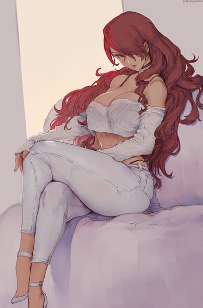 Anime picture 3196x4839 with persona 3 persona kirijou mitsuru cutesexyrobutts single long hair tall image looking at viewer fringe highres breasts light erotic red eyes large breasts sitting bare shoulders signed absurdres cleavage red hair