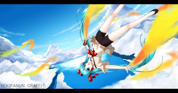 Anime picture 2200x1152 with vocaloid hatsune miku fatkewell single long hair highres open mouth wide image twintails cloud (clouds) aqua eyes aqua hair falling girl fire