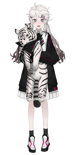 Anime-Bild 2000x3800 mit original rairyuu single long hair tall image looking at viewer highres open mouth simple background smile standing white background twintails full body white hair long sleeves grey eyes fang (fangs) low twintails gradient hair