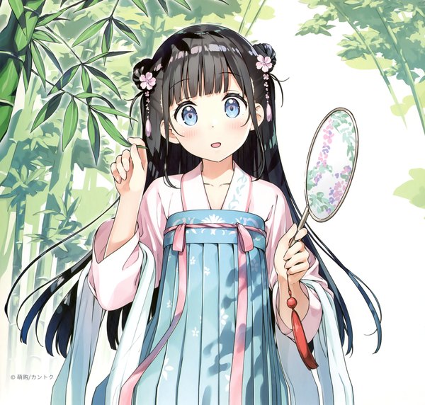 Anime picture 3144x3000 with original kantoku single long hair looking at viewer blush fringe highres open mouth blue eyes black hair smile holding absurdres blunt bangs traditional clothes head tilt hair flower :o hair bun (hair buns)