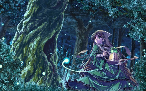 Anime picture 1920x1200 with rozen maiden suiseiseki single highres red eyes brown hair wide image holding green eyes very long hair :o heterochromia girl dress plant (plants) tree (trees) frills forest