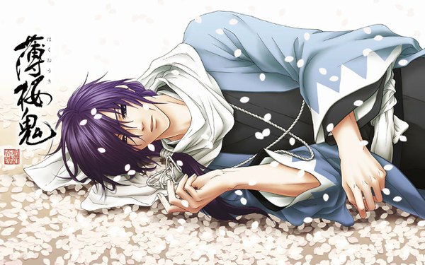 Anime picture 1280x800 with hakuouki shinsengumi kitan studio deen saito hajime single long hair wide image purple eyes purple hair lying traditional clothes japanese clothes inscription shinsengumi boy petals belt scarf neckerchief