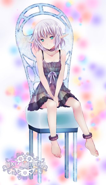 Anime picture 772x1350 with original pixiv fantasia shichouson tall image looking at viewer blush short hair blue eyes sitting silver hair barefoot pointy ears girl dress bracelet