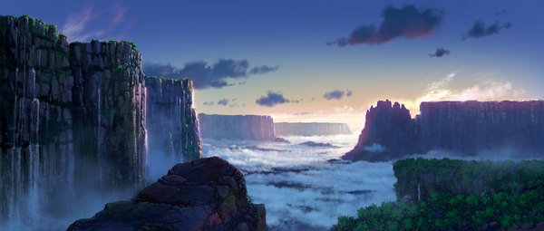 Anime picture 2000x850 with original pei (sumurai) highres wide image sky cloud (clouds) sunlight mountain no people landscape scenic waterfall morning plant (plants) water grass stone (stones)