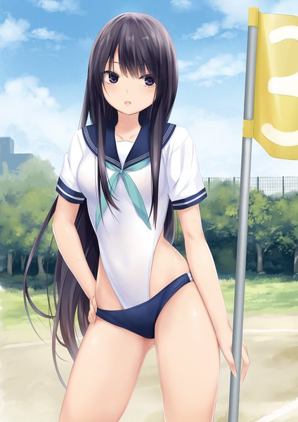 Anime picture 1357x1920 with original shiramine rika coffee-kizoku single long hair tall image looking at viewer blush fringe open mouth light erotic black hair standing purple eyes sky cloud (clouds) outdoors short sleeves hand on hip sailor collar