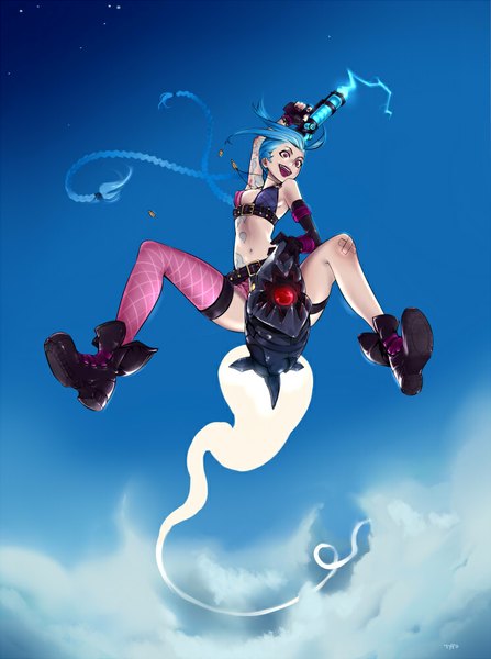 Anime picture 745x1000 with league of legends jinx (league of legends) typo (requiemdusk) single tall image fringe breasts open mouth light erotic holding looking away braid (braids) midriff tattoo twin braids jumping crazy smoking gun girl thighhighs