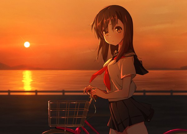 Anime-Bild 1000x719 mit original domo1220 single long hair looking at viewer blush fringe breasts hair between eyes brown hair holding brown eyes sky outdoors pleated skirt sunlight :o short sleeves evening reflection