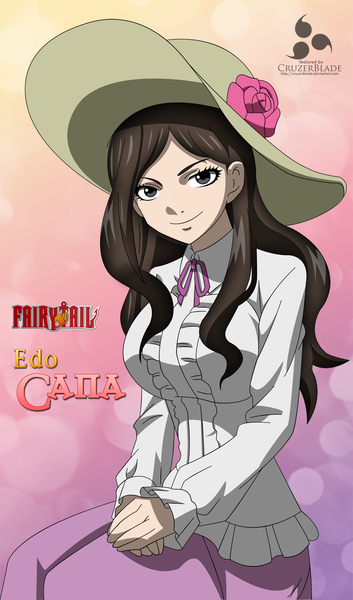 Anime picture 994x1686 with fairy tail cana (edolas) cruzerblade single long hair tall image simple background smile brown hair inscription grey eyes coloring pink background girl flower (flowers) hat rose (roses) blouse