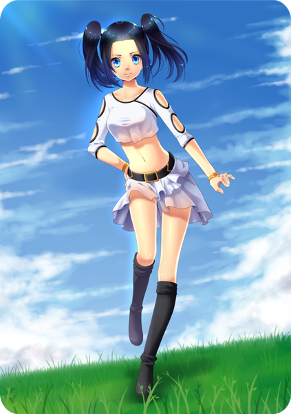 Anime picture 600x850 with original vali (valiryn) single long hair tall image blue eyes black hair twintails sky cloud (clouds) light smile sunlight midriff hand on hip girl skirt navel plant (plants) miniskirt boots