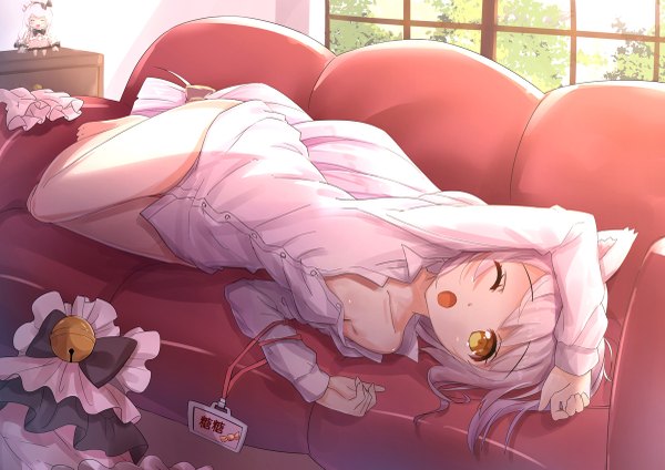 Anime picture 1200x849 with original byakuya reki single looking at viewer open mouth light erotic animal ears yellow eyes white hair indoors lying very long hair one eye closed wink cat ears no bra bare legs cat girl naked shirt girl