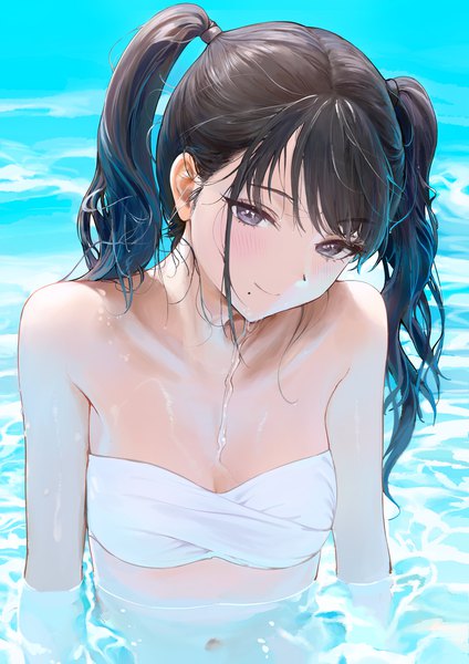 Anime picture 1200x1697 with idolmaster idolmaster shiny colors kazano hiori ame (uten cancel) single long hair tall image looking at viewer blush fringe breasts light erotic black hair smile twintails blunt bangs head tilt black eyes mole wet