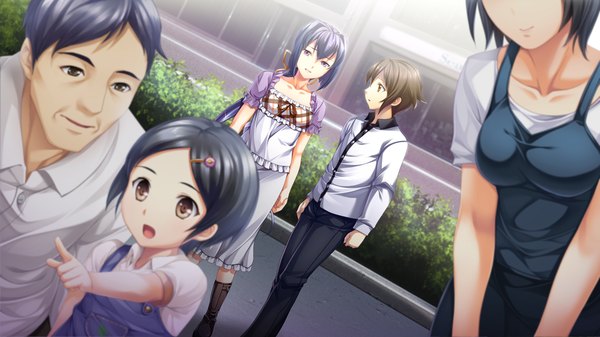 Anime picture 1280x720 with izuna zanshinken (game) black hair brown hair wide image purple eyes brown eyes game cg girl boy sundress child (children)