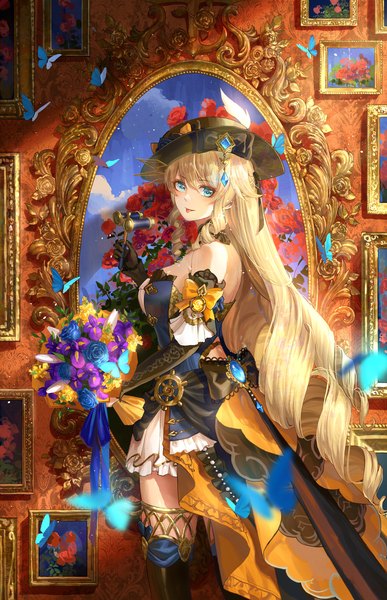 Anime picture 1451x2250 with genshin impact navia (genshin impact) hebbtia single long hair tall image looking at viewer fringe blue eyes blonde hair hair between eyes indoors turning head drill hair :p girl thighhighs dress flower (flowers) hat