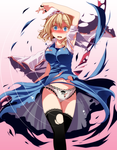 Anime picture 2357x3000 with touhou alice margatroid s-syogo single tall image looking at viewer highres short hair open mouth blue eyes light erotic blonde hair torn clothes girl thighhighs dress underwear panties black thighhighs